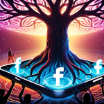 **Prompt:** A vibrant, dynamic illustration depicting diverse hands emerging from glowing social media screens (representing platforms like Facebook, Instagram, LinkedIn, TikTok), collectively nurturing a magnificent, flourishing tree with roots deeply embedded in a digital landscape. The tree symbolizes boundless opportunities and strong, interconnected networks, with abstract light trails and energy flows suggesting growth and transformation. Emphasize the concept of social media as a fertile ground for unlimited potential.